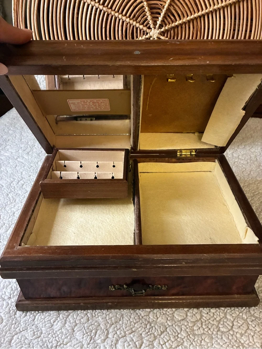 Vintage Style Burl Wood Jewelry Box Organizer Mirror Drawer Brass Hardware